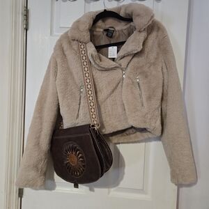 Plush Cropped Biker Jacket And Handcrafted Leather Handbag Combo